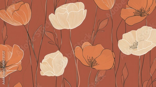 Rustic floral pattern in muted terracotta and cream