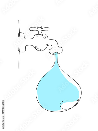 Continuous one line drawing of a water tap with a large water drop, minimalist design with light blue color isolated on white background, Vector illustration, Editable stroke