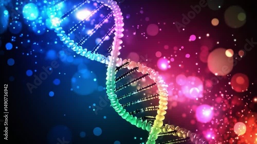 Rainbow DNA: A vibrant, digitally rendered illustration of a double helix DNA molecule, with a rainbow of colours representing the genetic code. It evokes a sense of complexity and beauty.
