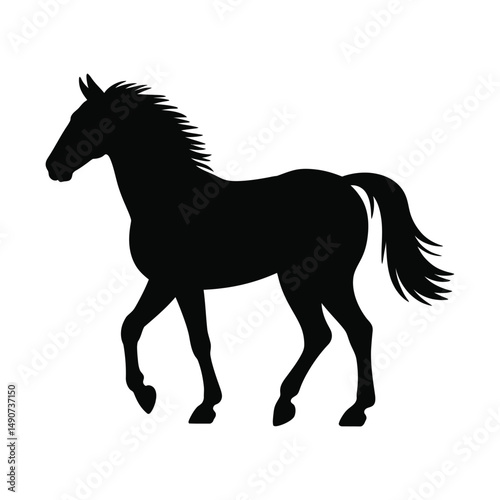 Elegant black silhouette of a horse in walking pose against a clean white background