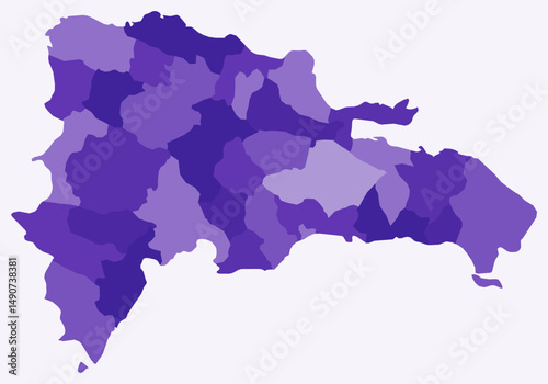 Map of Dominican Republic with regions. Just a simple country border map with region division. Deep purple color palette. Flat Dominican Republic shape with administrative division.