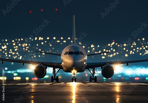Airplane taking off at night airport runway high-quality photo urban environment front view aviation enthusiasts delight