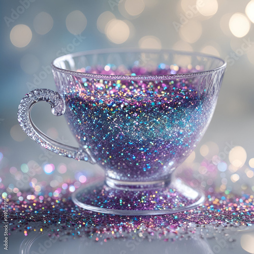 The image depicts a sparkling glass cup filled with glitter, surrounded by a soft bokeh background.