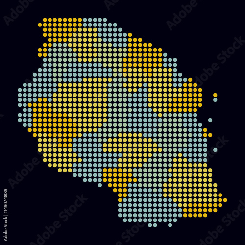 Tanzania dotted map. Digital style map of the country on dark background. Tanzania shape with circle dots. Colored dots style. Large size circles. Amazing vector illustration.