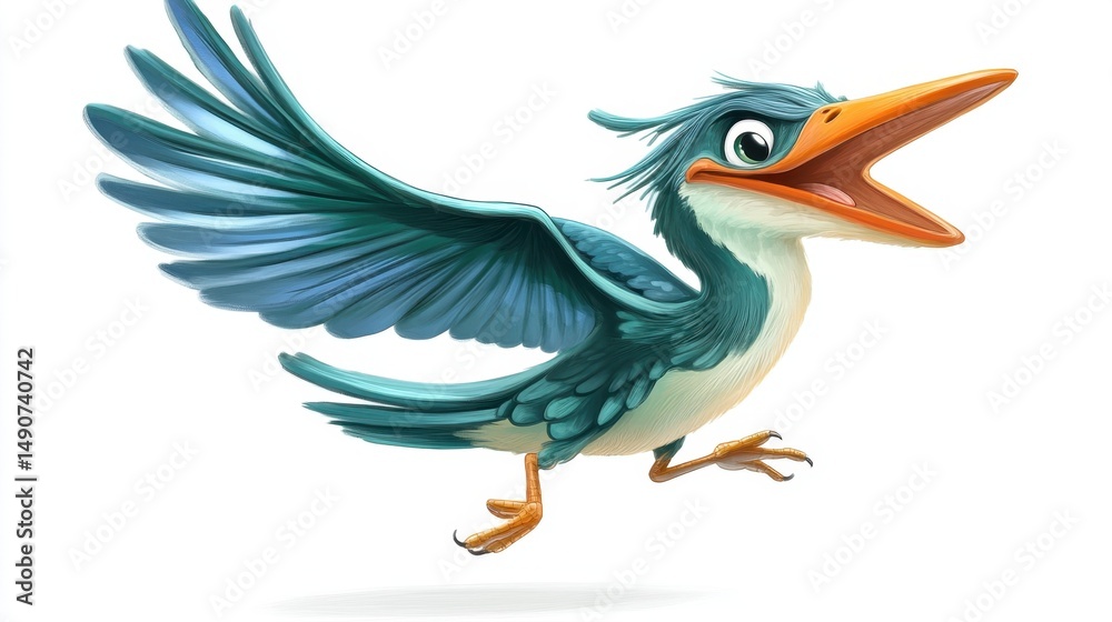 Fototapeta premium Energetic blue cartoon bird with wide wingspan and open beak mid-flight expression