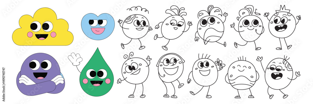 Fototapeta premium Cute colorful cartoon monster collection with funny faces and characters