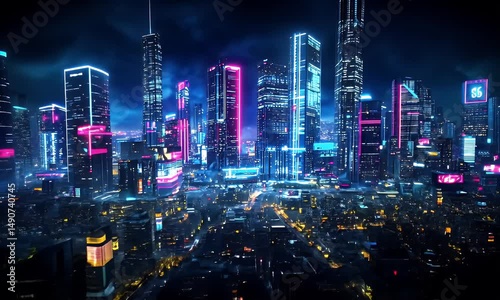 Vibrant Nightscape: Futuristic Neon Cityscape with Generative AI Bright Lights Display
