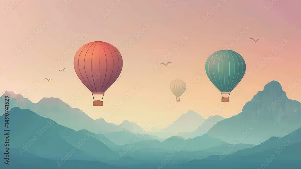 Obraz premium Illustration of hot air balloons over a serene valley during sunrise.