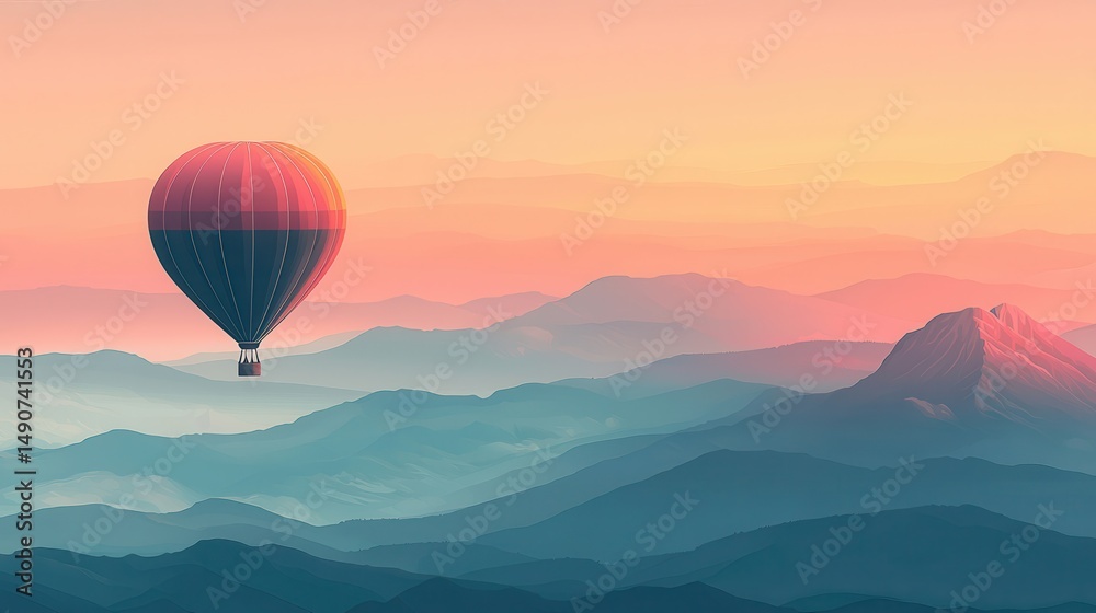 Fototapeta premium Image of a hot air balloon soaring over a mountain range at sunset.