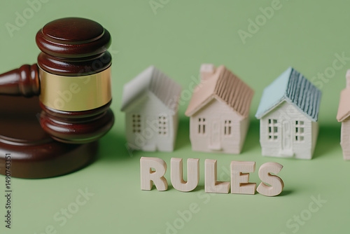 Property Law: Gavel, Toy Houses, and the Word 'RULES' on a green background symbolizing real estate law, regulations, and housing market legality.