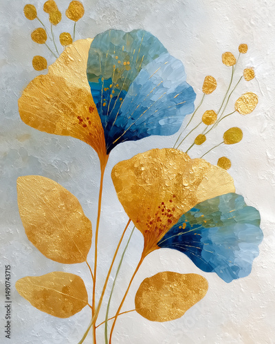 Abstract Floral Composition With Gold Glitter Accents And Blue Petals On A Light Gray Background