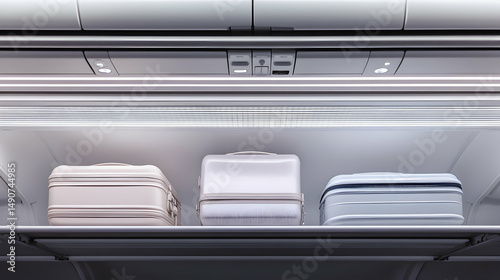Overhead compartment on an airplane containing luggage suitcases. Interior view.