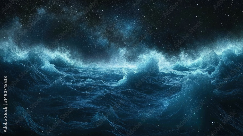 Dark ocean waves under a starry night sky. Dark ocean waves under a starry night sky.