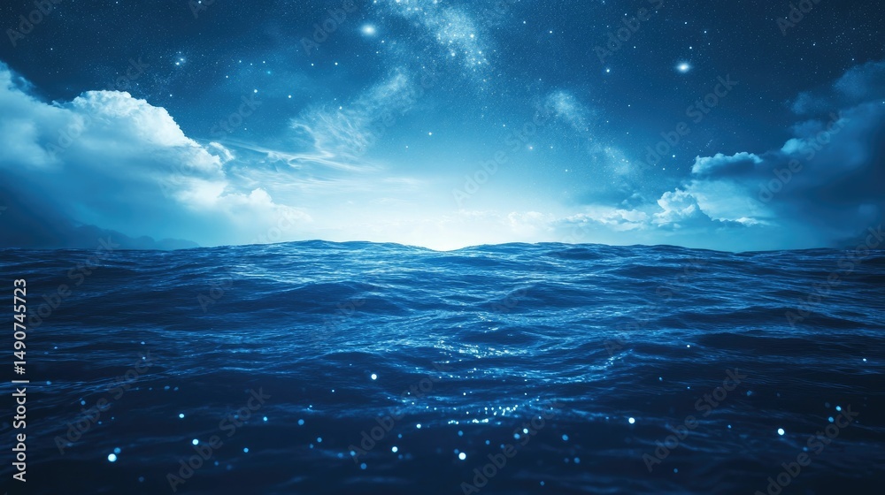 Fototapeta premium Starry night sky over a dark, wavy ocean.
