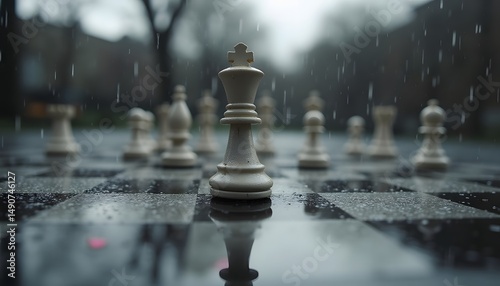 Chess King on Board in the Rain
