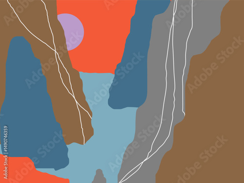 Illustration of a natural river between mountains in the afternoon between the moon