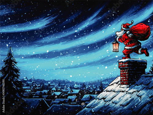 Vector Illustration of Santa Claus Delivering Presents at Night Standing on Rooftop Chimney with Lantern and Sack in Snowy Christmas Winter Holiday Village Scene