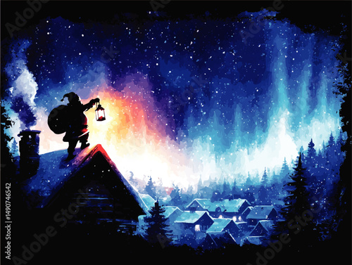 Magical Christmas Vector Illustration of Santa Claus Holding Lantern on Christmas Eve Night with Snowy Village Forest Aurora Northern Lights Holiday Background