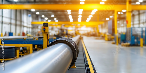 A close-up shot in a factory interior showing large diameter metal pipe on conveyor in production facility, with gantry crane and industrial machinery in the background.
