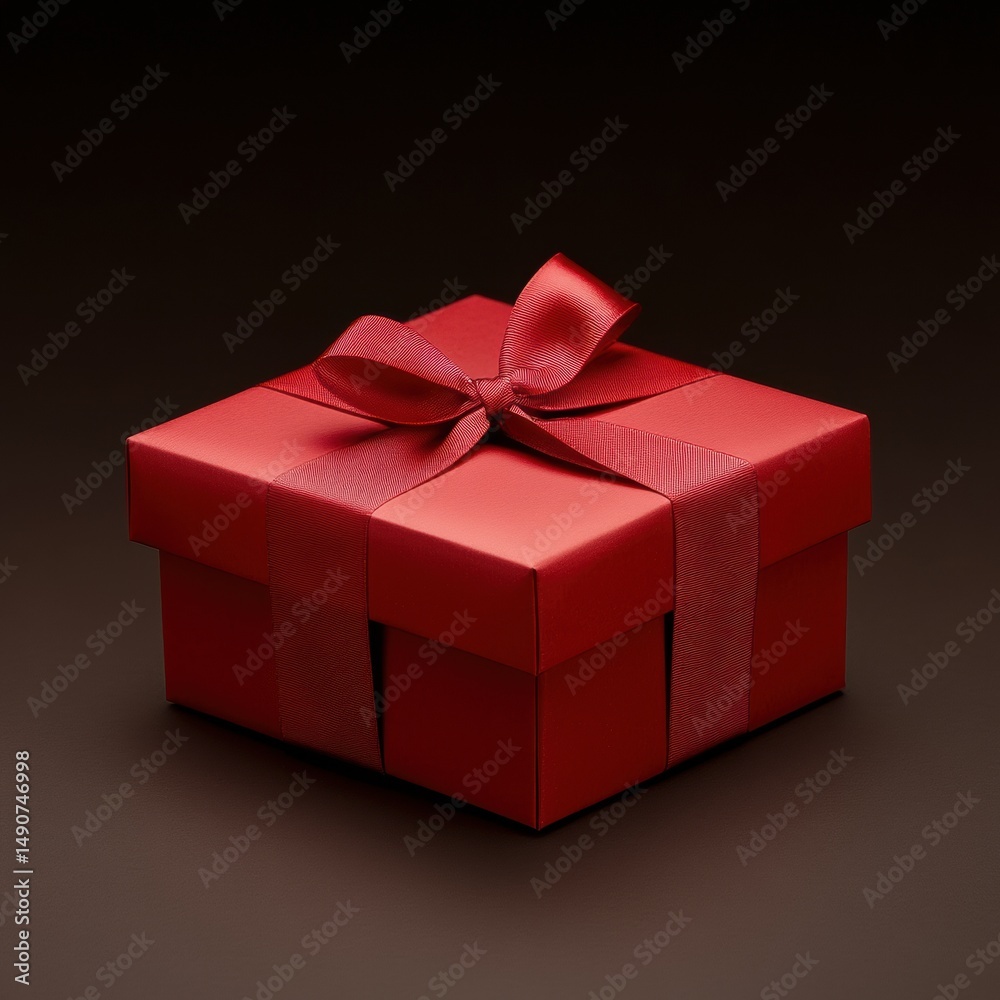 Obraz premium Elegant red gift box with a satin ribbon, perfect for celebrations and special occasions. Captures holiday and festive spirit.