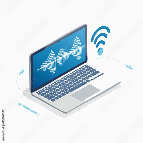 Isometric Illustration of Laptop Displaying Audio Waveform with Wireless Signal