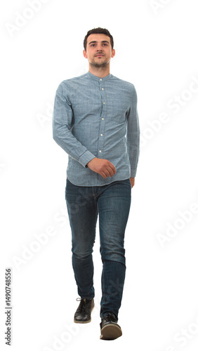 Full length portrait of a smiling man walking isolated on transparent background