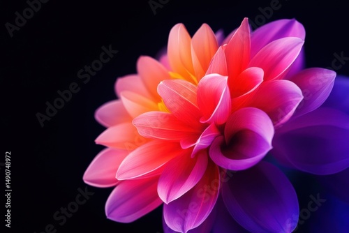 Stunning vibrant dahlia flower in full bloom, illuminated against a dark background with vivid hues of pink and orange.