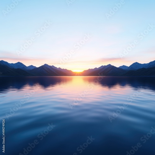 Tranquil sunrise over calm lake surrounded by mountains, reflecting vibrant colors in the water.