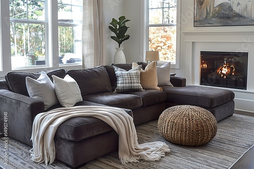 A cozy sectional couch in deep brown fabric, with soft cushions and a chaise lounge, set in a family room with a warm fireplace and neutral tones 