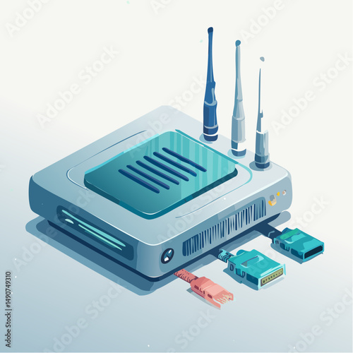 Isometric Pixel Art Illustration of a Modern Wireless Router with Cables and Antennas