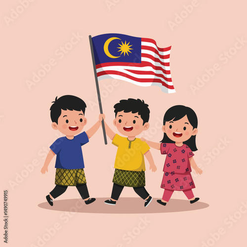 "Happy Malaysian Children Holding Malaysia Flag Celebrating National Day Illustration"
