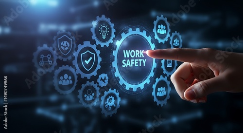 Finger Touching Work Safety Concept with Gear Icons and Blue Digital Interface