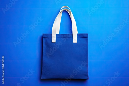 A vibrant blue canvas tote bag with contrasting white handles sits against a bold blue background, showcasing its simple, minimalist design