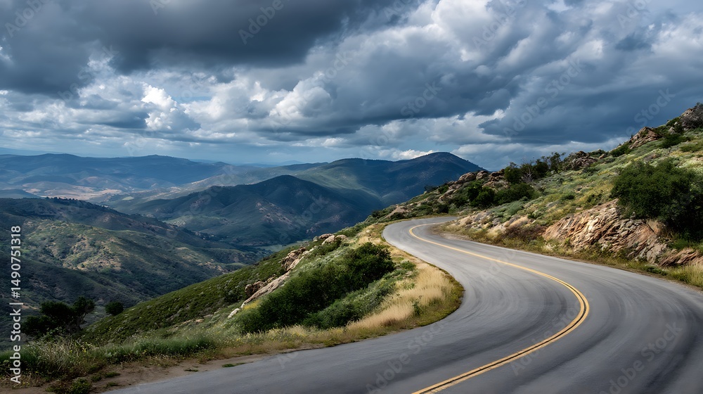 Naklejka premium Winding mountain road under a dramatic cloudy sky, scenic landscape photography