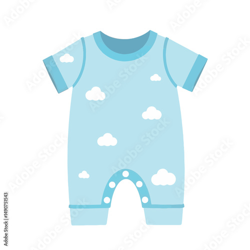 Soft pastel blue baby romper suit with cloud patterns, comfort design
