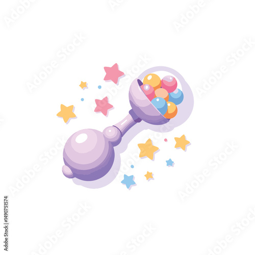 Pastel baby rattle with colorful beads and stars, joyful announcement