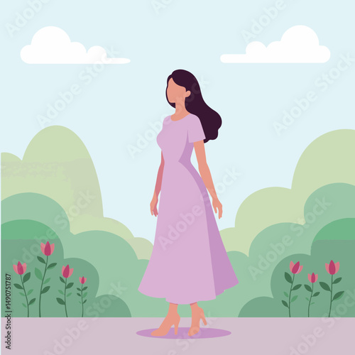 Woman in lavender dress walking through serene garden, elegance and beauty