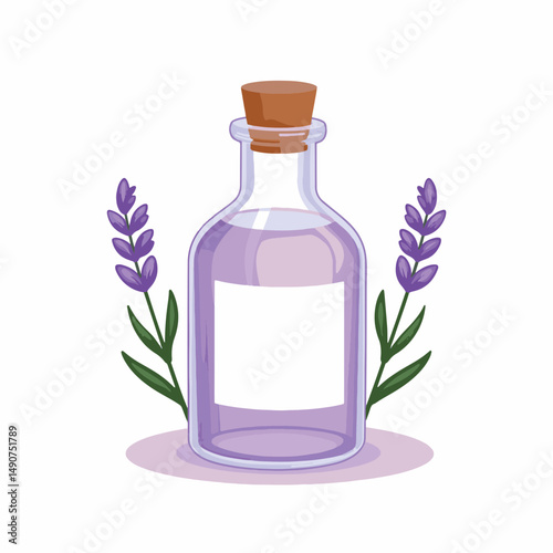 Lavender essential oil bottle with sprigs on white background, wellness design
