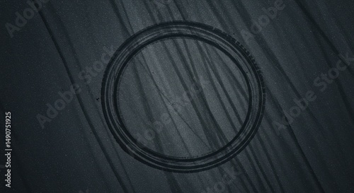 Elevated View of Minimalist Concentric Black Circle Forms Design with Faint Particles on Dark Asphalt Style Surface Texture Backdrop