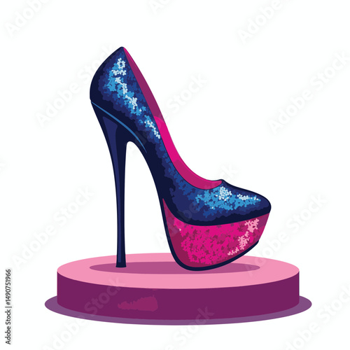 Bold sequined drag queen shoe on stage platform, vibrant performance
