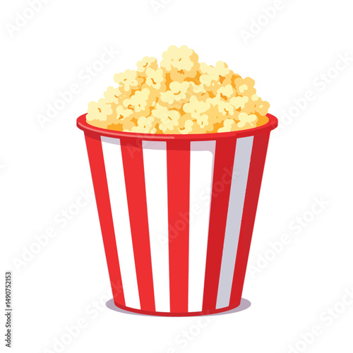 Classic popcorn bucket filled with fluffy popcorn, movie snack concept