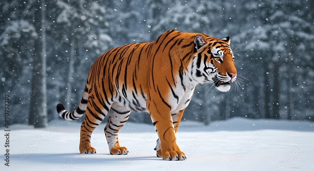 Fototapeta premium Majestic Siberian Tiger Walking in Snowy Winter Forest