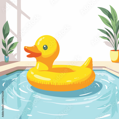Playful yellow rubber duck float in indoor pool, summer fun