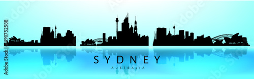 Sydney Australia Skyline Silhouette. Reflection in water in  halftone style 