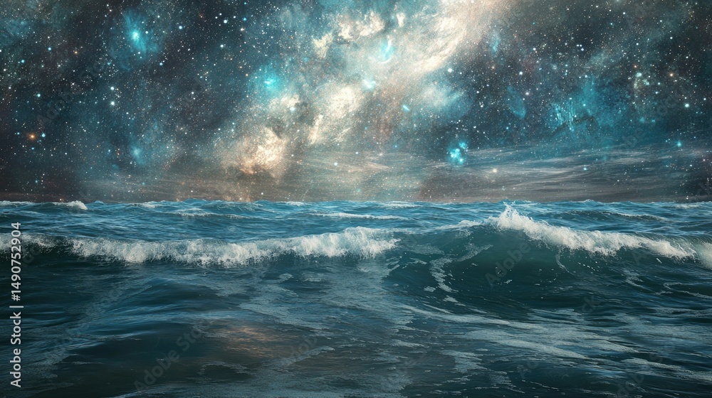 Naklejka premium Ocean waves beneath a starry, galactic sky.