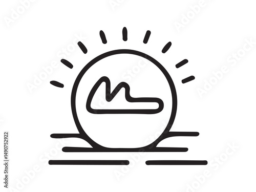 Simple line art icon of a factory at sunset over the ocean.