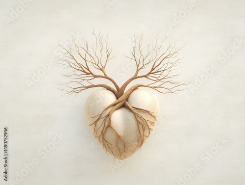 Surreal heart shaped like a tree with roots
