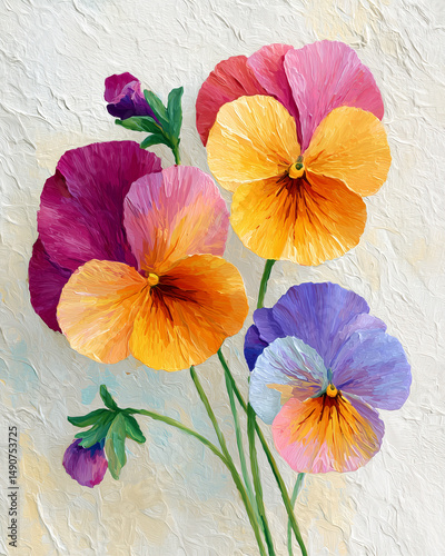 Wallpaper Mural Vibrant Pansies Bouquet in Retro Style Acrylic Painting on Textured Background Torontodigital.ca
