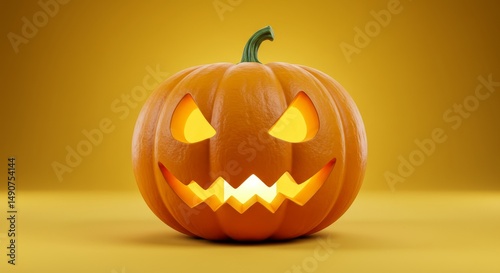 Glowing Halloween Pumpkin on Golden Background - Spooky, fun, autumnal, festive, Halloween. A carved pumpkin glows against a cheerful gold backdrop, symbolizing autumn, Halloween, celebration photo