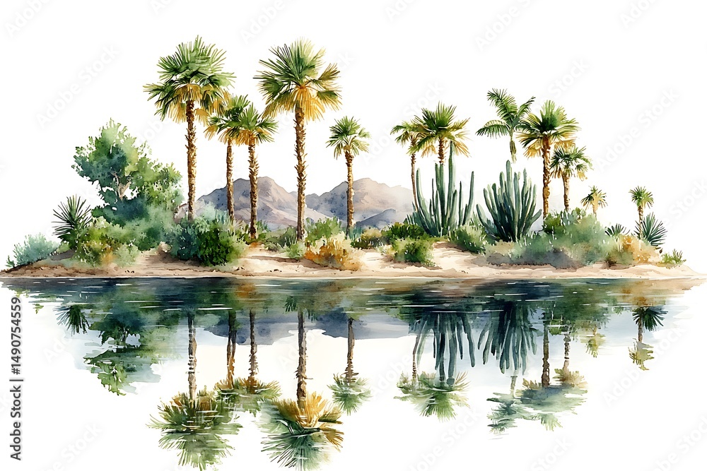 Obraz premium Serene oasis palm trees reflecting in calm water